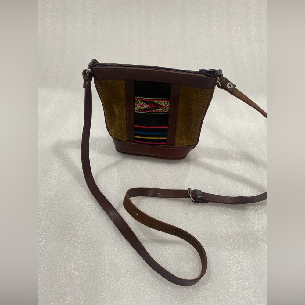 Inca Sun leather Suede Southwest Crossbody Bag Brown and Multicolored Zip EUC